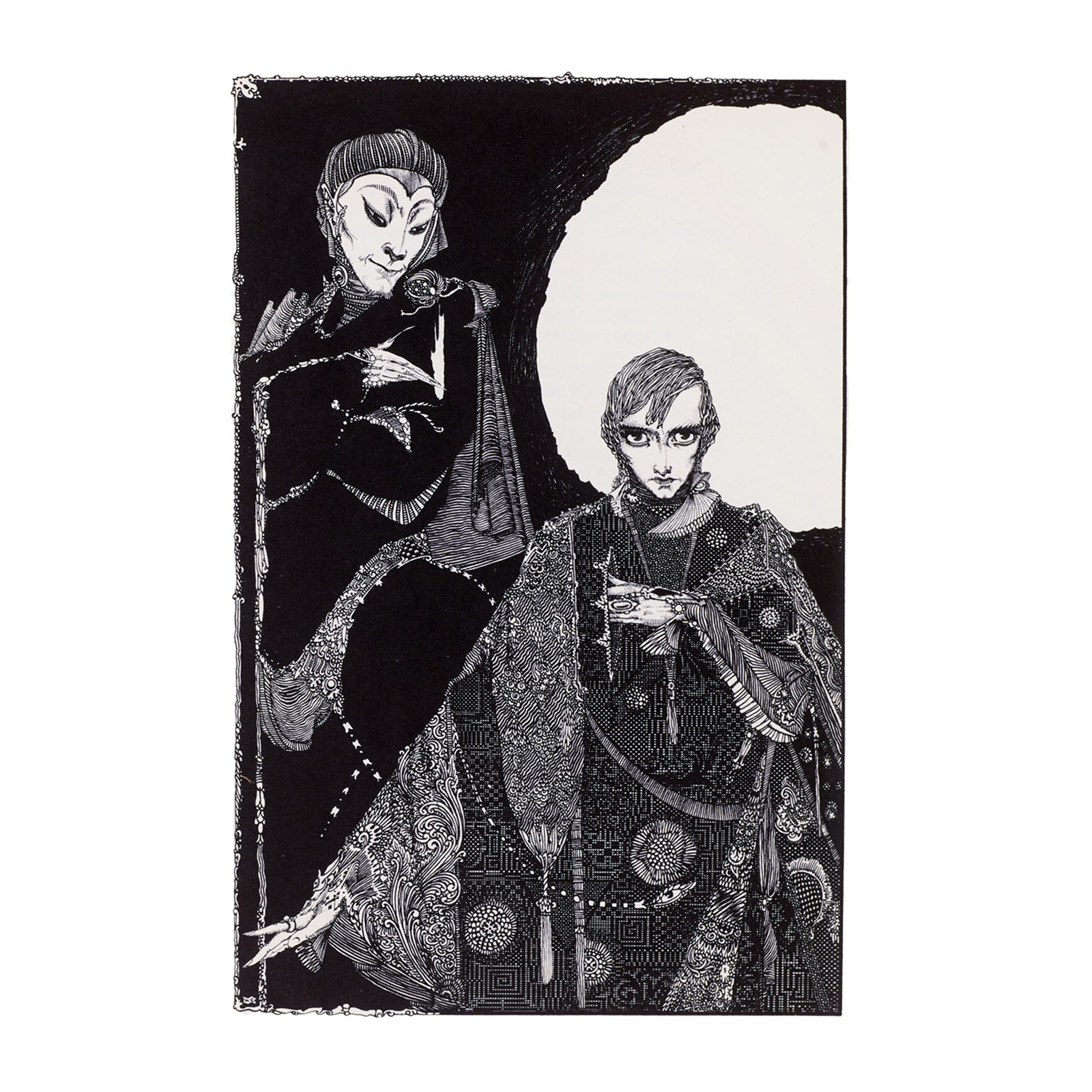 Black-and-white line illustration of two elaborately dressed figures in front of a large, white moon, with intricate patterns and dramatic contrast.