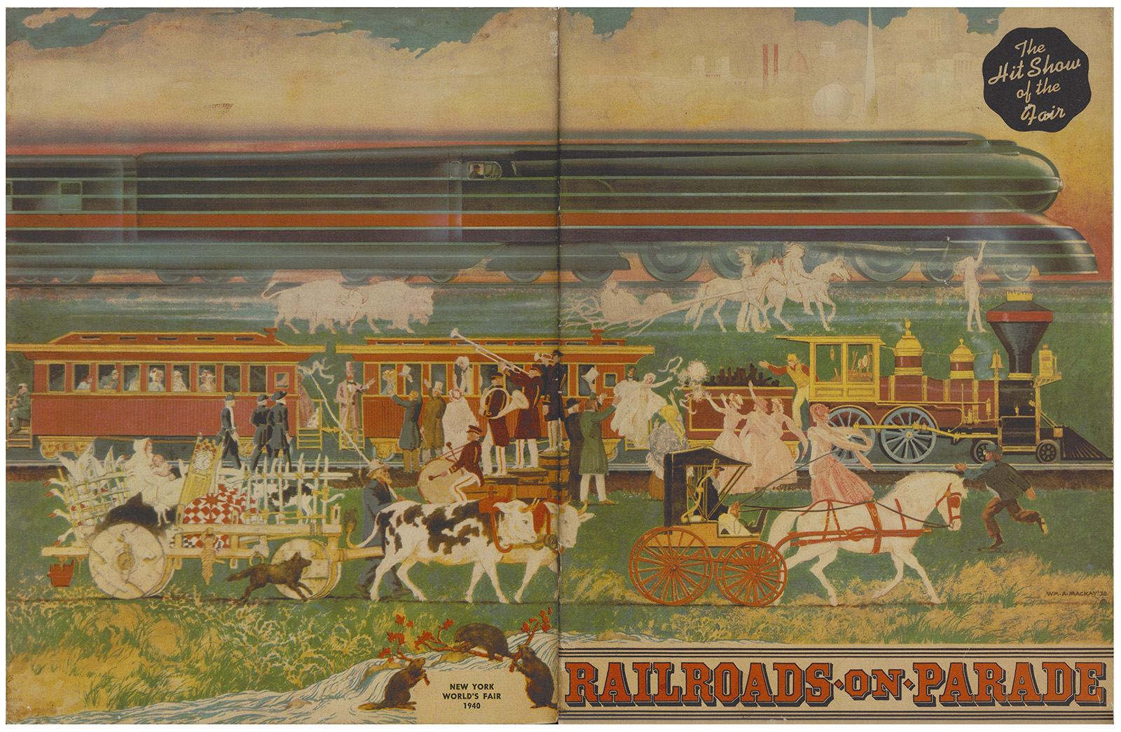 A colorful illustration from the 1940 New York World's Fair depicts the progression of railroad history, featuring a modern streamlined train above historical locomotives, horse-drawn carriages, and pioneers. The text reads, "RAILROADS ON PARADE" and "The Hit Show of the Fair."