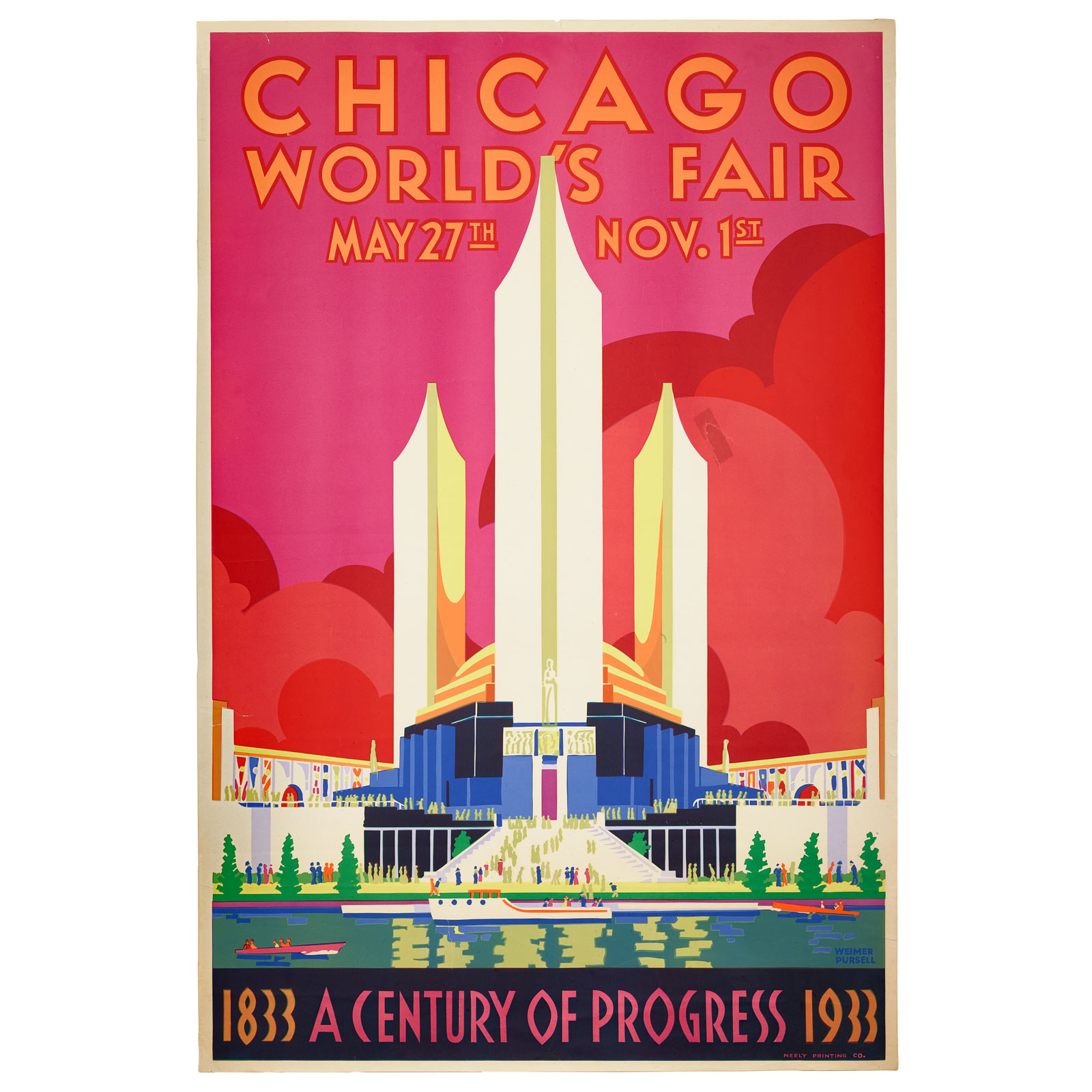 A colorful Art Deco poster promoting the 1933 Chicago World’s Fair, featuring skyscrapers, bold pink and red skies, and crowds approaching a futuristic building labeled “A Century of Progress”