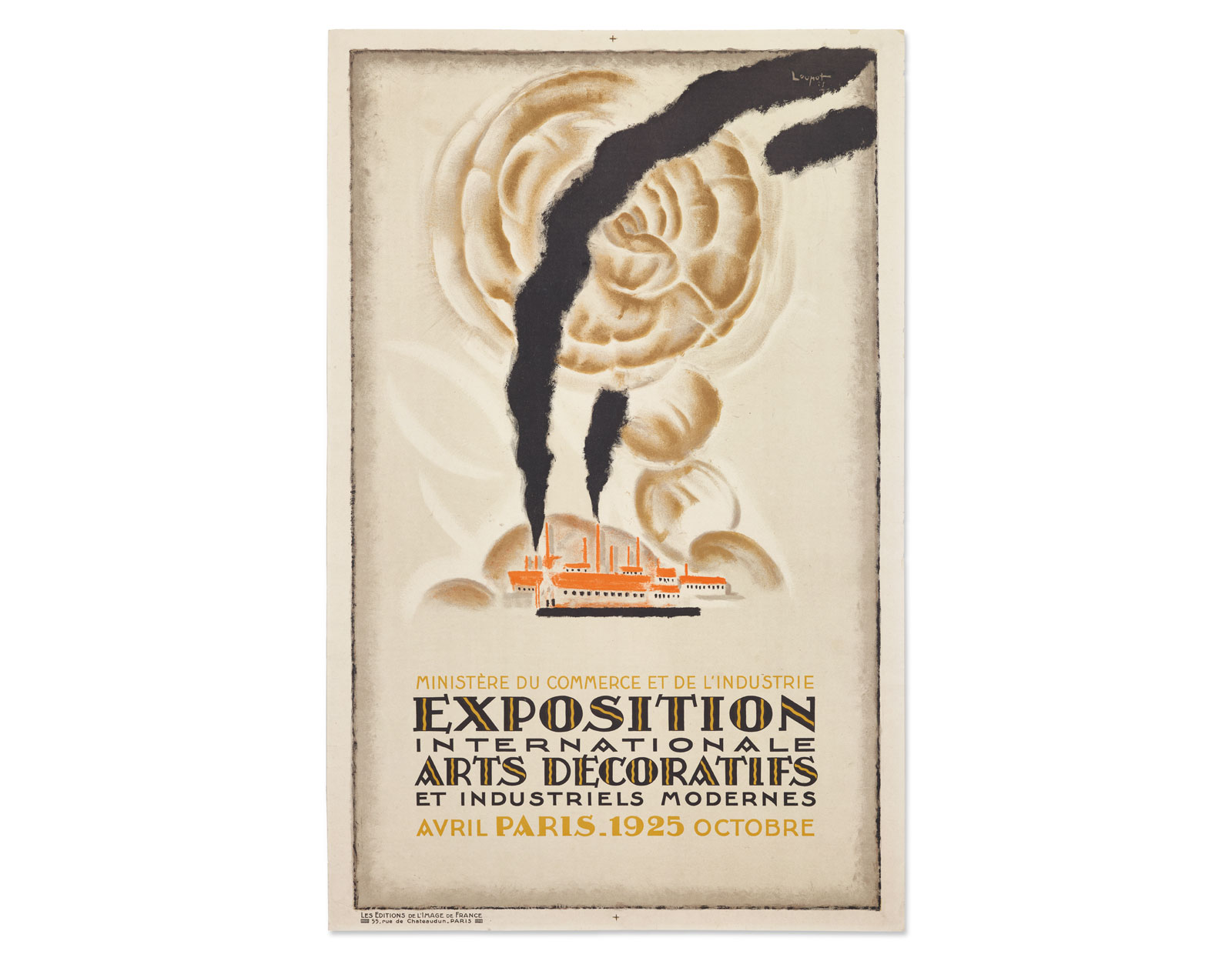 A vertical poster featuring orange and white buildings emitting three large plumes of black smoke that blend into swirling clouds outlined in brown, with text at the bottom reading: “MINISTÈRE DU COMMERCE ET DE L’INDUSTRIE / EXPOSITION INTERNATIONALE ARTS DÉCORATIFS ET INDUSTRIELS MODERNES / AVRIL PARIS. 1925 OCTOBRE.”