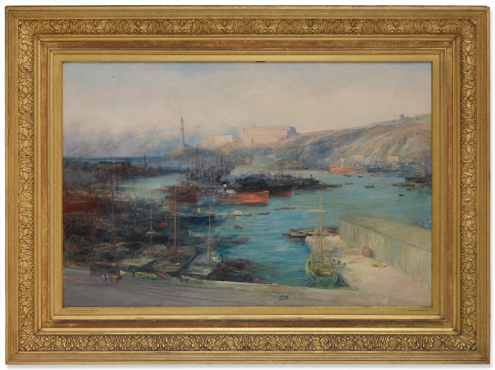A framed painting showing a harbor with numerous docked and anchored boats, several red-hulled steamships, and buildings and cliffs in the background