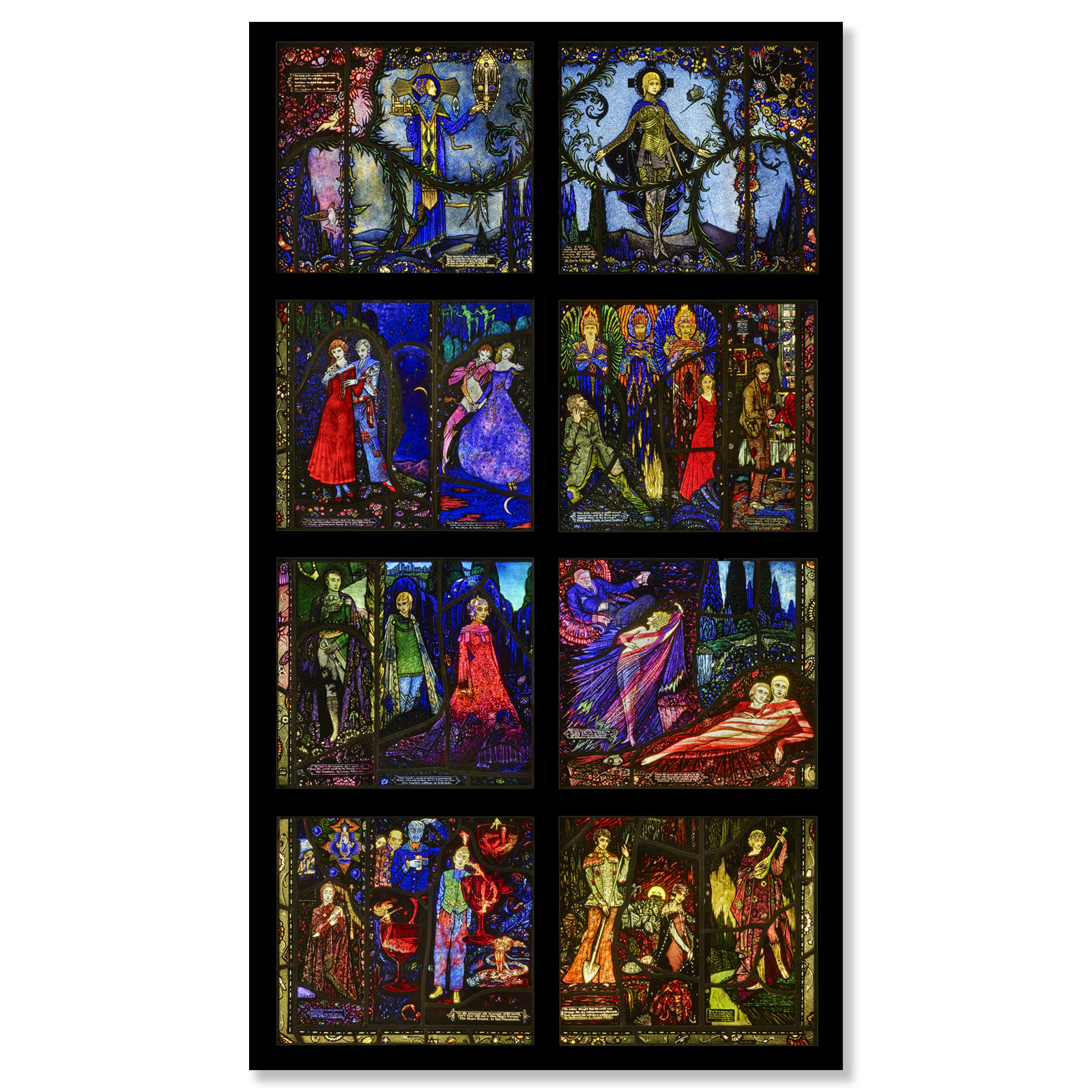 An eight-panel stained-glass window with panels depicting various mythological and pastoral scenes with human figures, vibrant colors, and elaborate details, arranged in two columns and four rows.