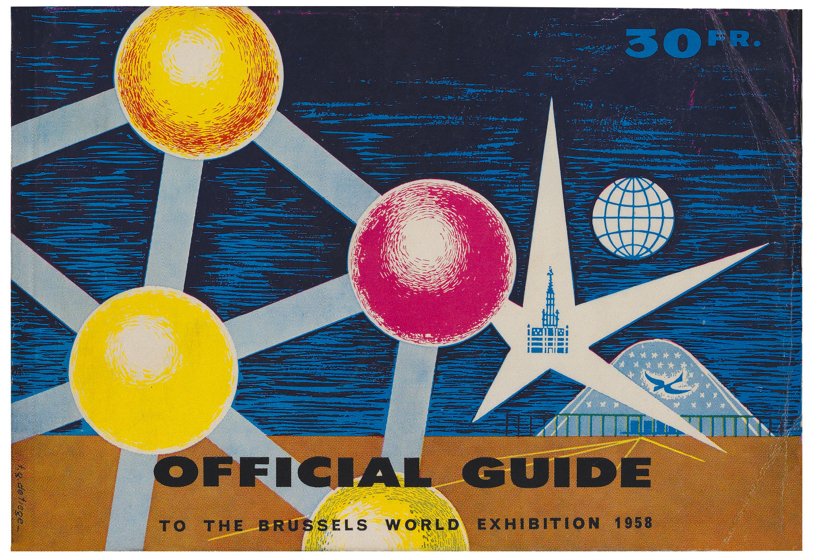 A mid-century illustrated guide cover for the 1958 Brussels World's Fair, featuring atomic models, a star symbol, and the Atomium structure in a colorful, space-age design