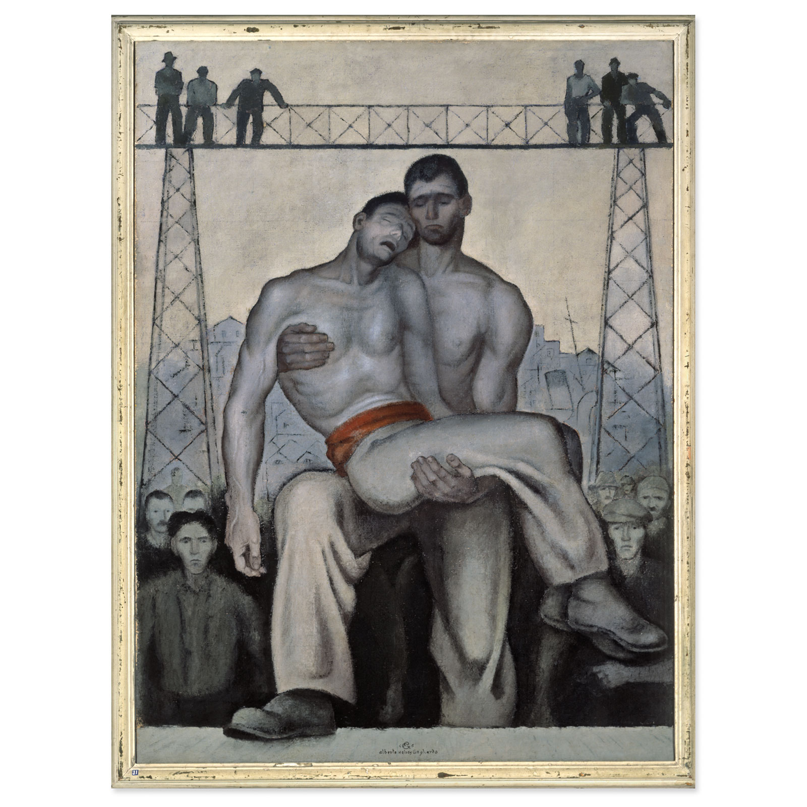 A framed greyscale painting depicting a shirtless man carrying another limp, shirtless man, with a group of figures standing below and workers on an overhead scaffold in the background