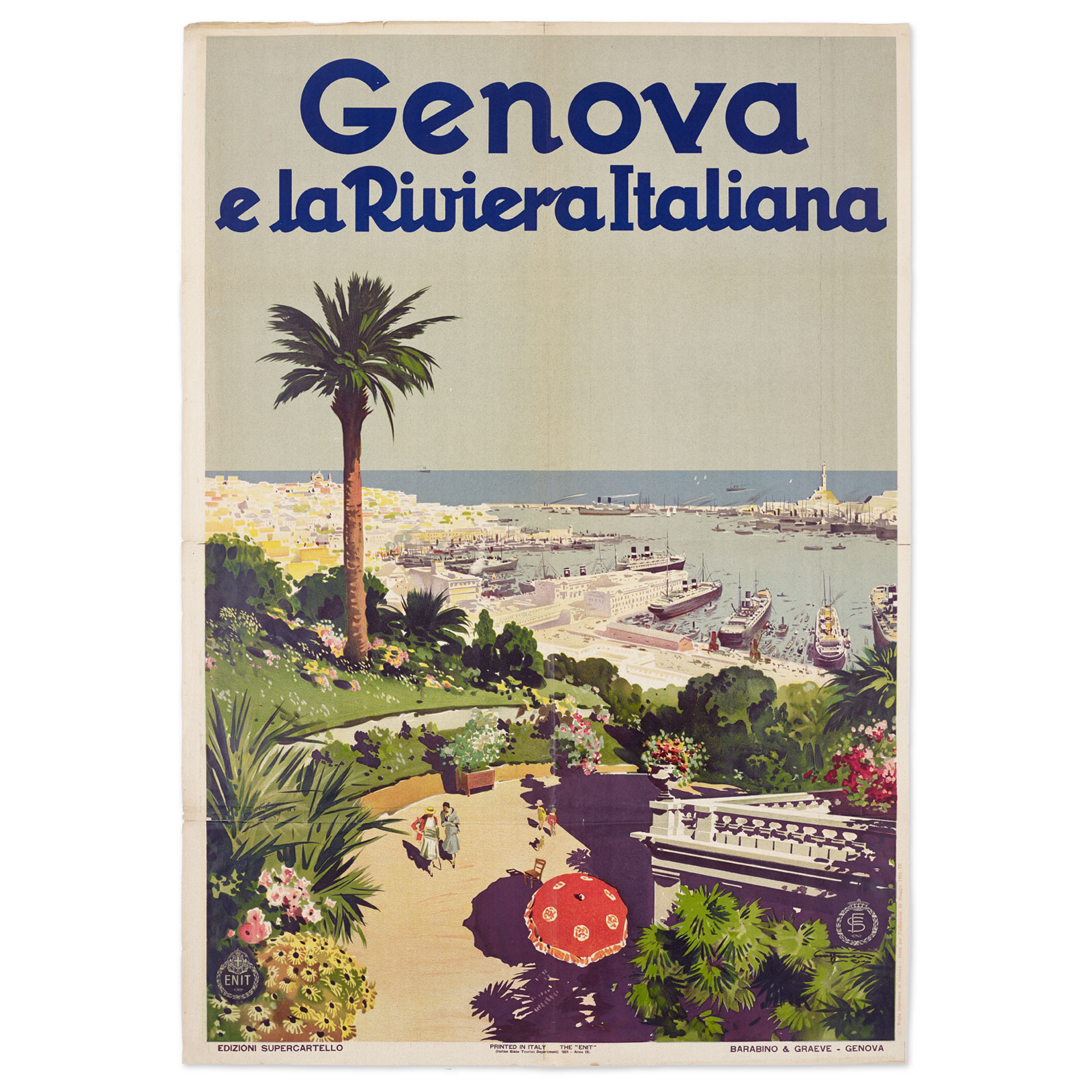 A travel poster reading “Genova e la Riviera Italiana,” showing a view of a harbor with ships, city buildings, and a seaside promenade lined with palm trees and flowering plants