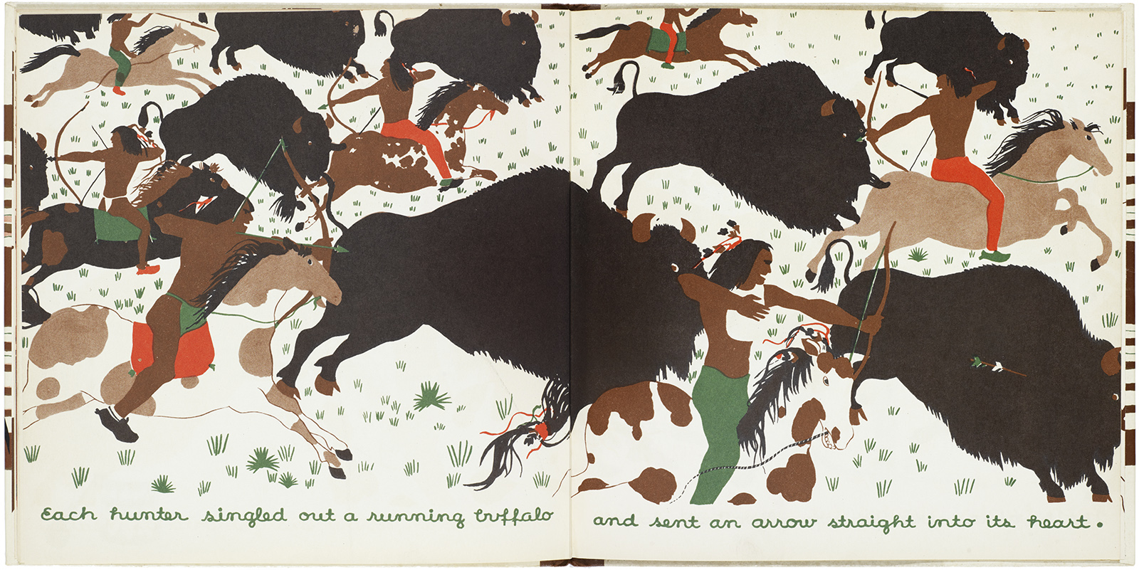 A color illustration shows Indigenous hunters on horseback chasing buffalo across a grassy plain, shooting arrows. The text reads, "Each hunter singled out a running buffalo and sent an arrow straight into its heart."