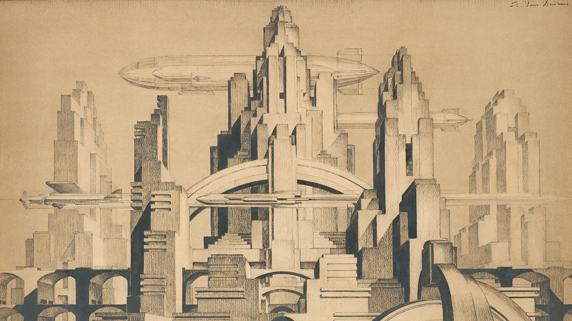 Futuristic cityscape with skyscrapers, zeppelins, planes, rockets, and trains