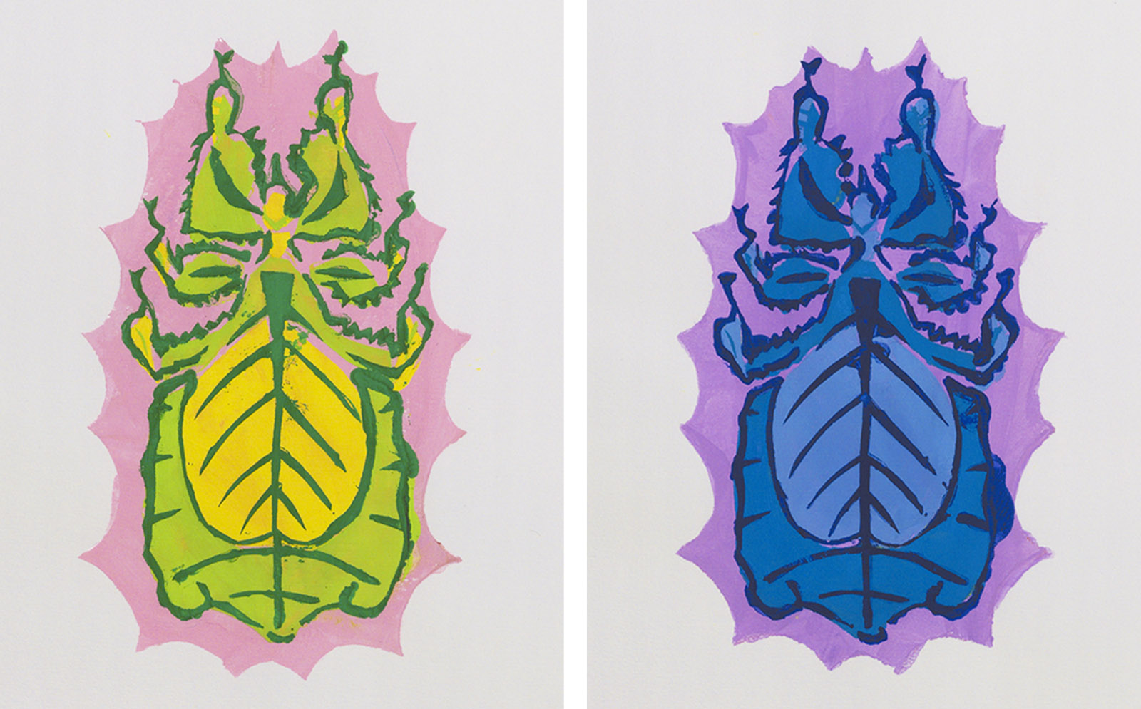 Two colorful pochoir-style prints of a stylized leaf insect on white paper