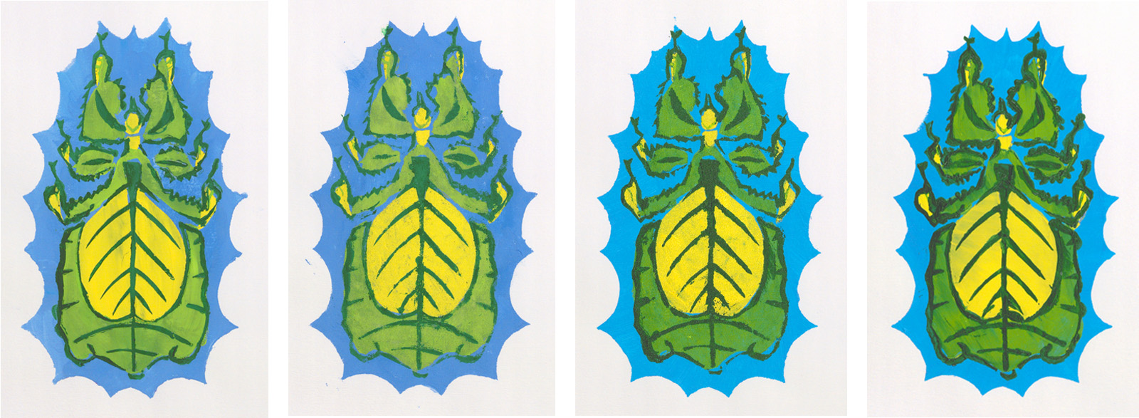 Four pochoir-style prints of a stylized leaf insect in green and yellow with a blue scalloped border, each showing slight variations in color application and detail refinement