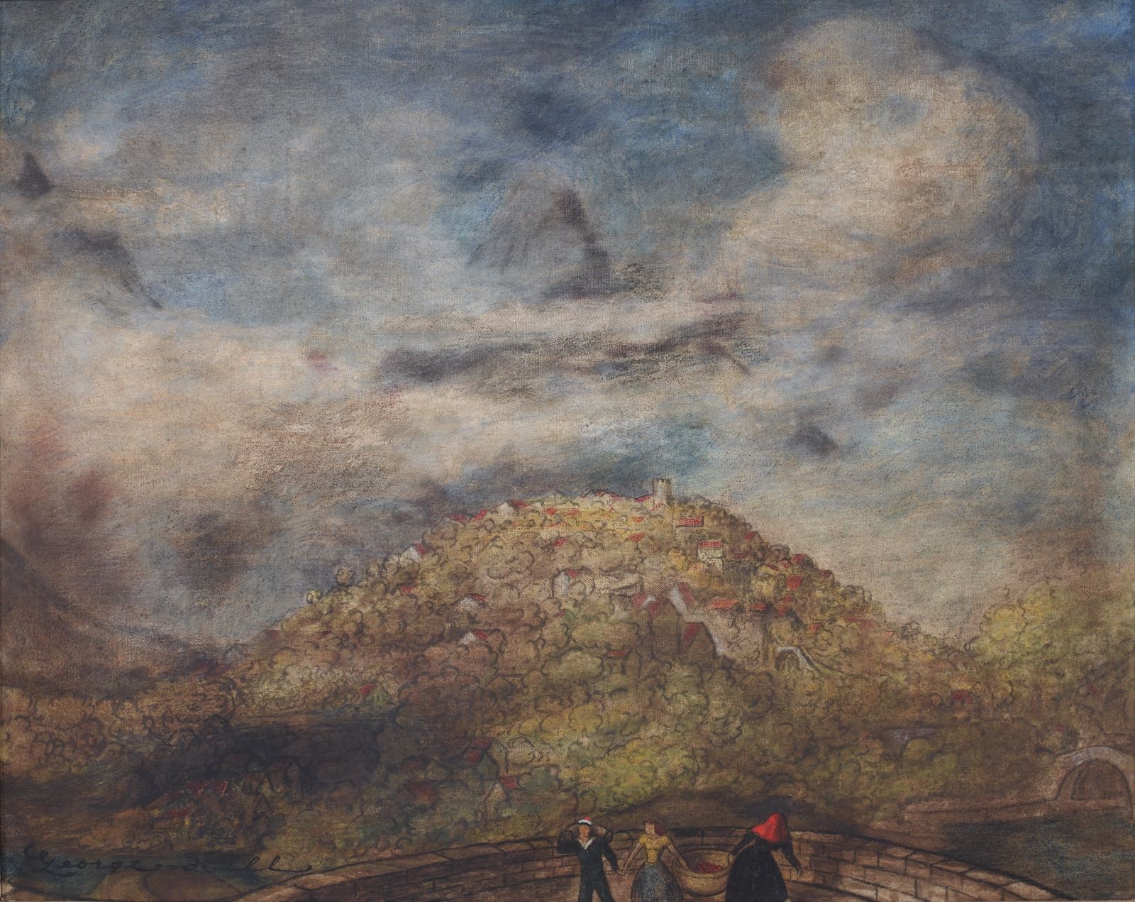 A painting depicts a hazy landscape with a lush, green hill topped by a small town. Three figures stand in the foreground on a stone bridge, with vibrant, cloudy skies above and distant mountains partially visible.