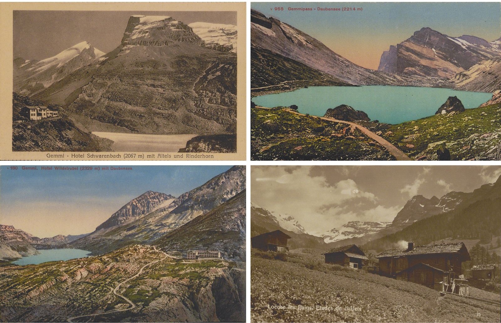Four vintage postcards depict alpine landscapes, featuring mountainous terrain, lakes, and rustic wooden chalets.