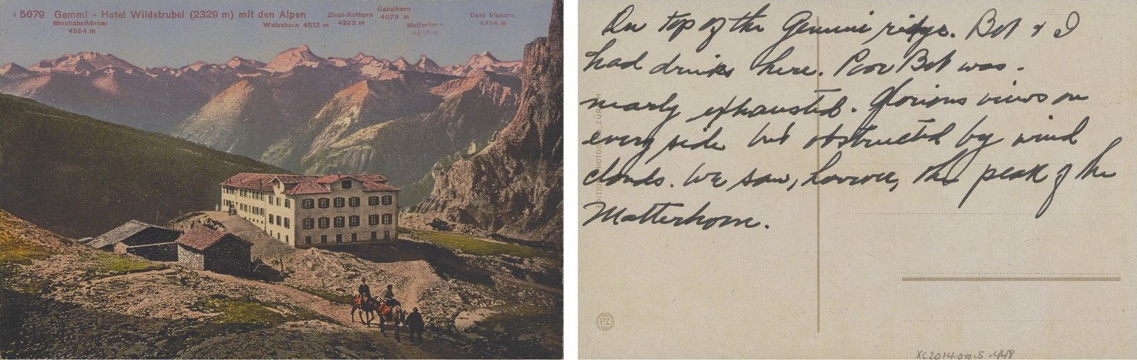 A vintage postcard showing a hotel in a mountainous landscape. The reverse side has handwritten text in cursive.
