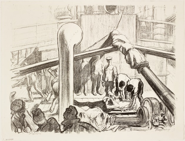 Print of wounded British soldiers being tended to during the First World War