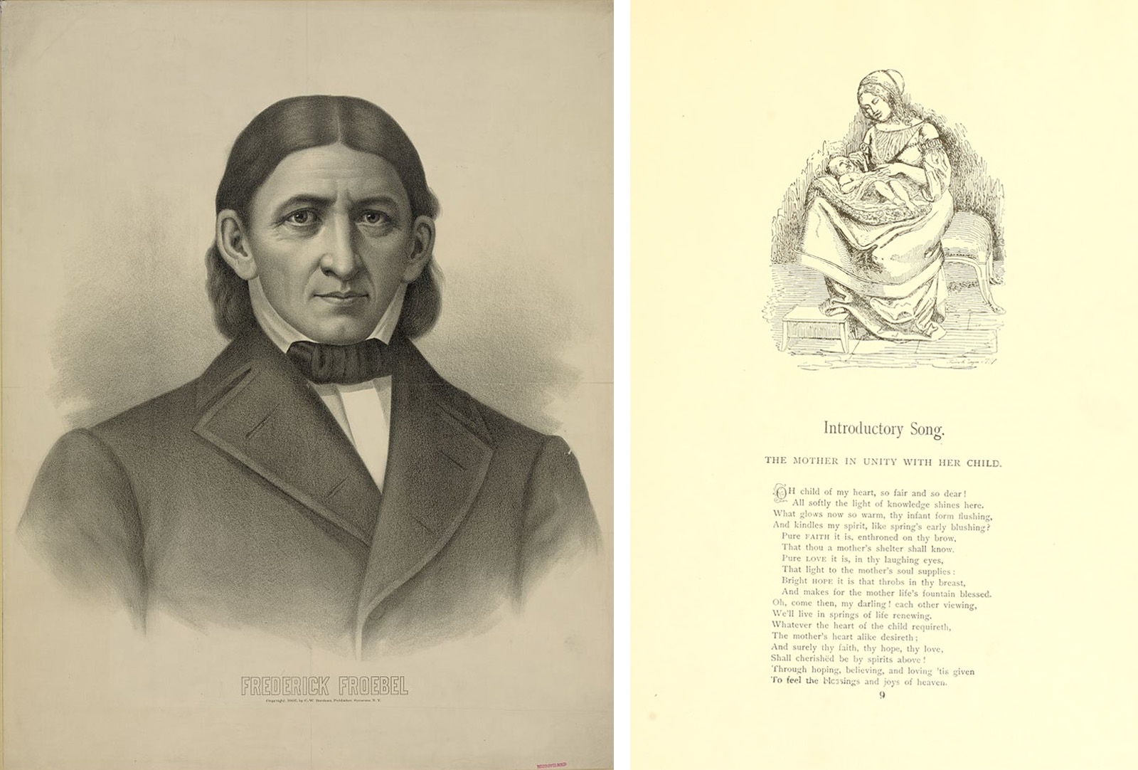 Side-by-side images: a black-and-white portrait of Friedrich Froebel on the left, and a printed page on the right titled “Introductory Song” with an illustration of a mother holding her child above a poem titled "The Mother in Unity with Her Child"