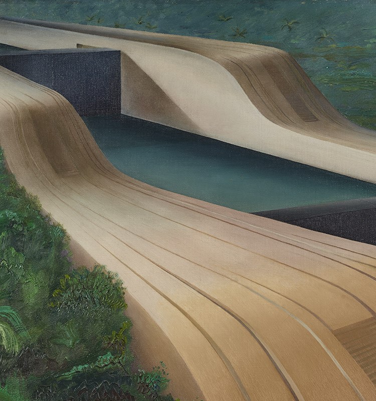 Detail view of a painting depicting two parallel, abstract roads curving through a dense, lush green forest.