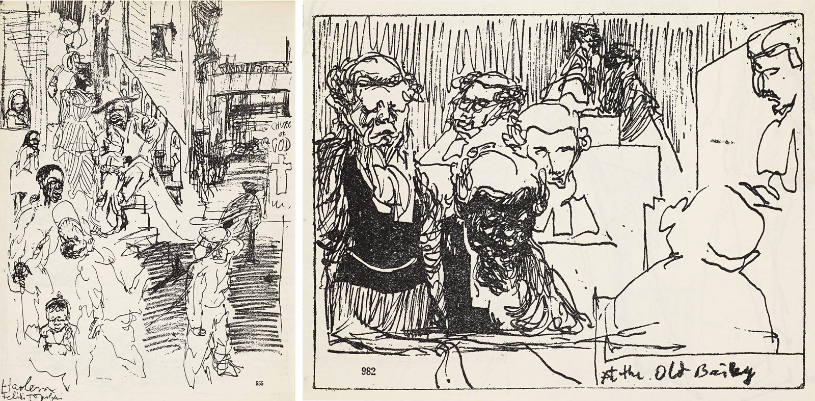 Side-by-side black line drawings: on the left, a lively Harlem street scene with figures on stoops and a “Church of God” sign in the background; on the right, a courtroom scene at the Old Bailey with wigged figures seated and standing behind desks.