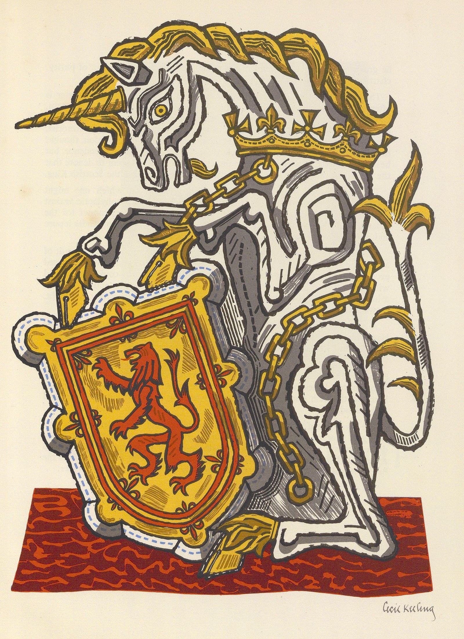 In this vertical illustration, a unicorn sits on its hind legs, supporting the top edge of a crest with its front legs. The unicorn is shown in profile, facing left, and is white with a gold horn, hooves, and mane. Its body is slender and muscular, featuring a long mane that flows down its neck and a tail that extends upward behind it. Around the base of the unicorn’s neck is a gold collar shaped like a crown, with a gold chain that wraps around its chest and back, cascading down its side. The crest the unicorn holds is squared at the top and rounded at the bottom, framed by a white decorative border outlined in black and featuring a light blue dashed pattern on the inside. The center of the crest has a yellow-gold background and displays a lion-like creature in red-orange with a black outline. Surrounding the lion is a decorative border consisting of two red-orange lines with a yellow-gold line in between, adorned with eight decorative flourishes around the perimeter. The unicorn grips the crest with both front hooves, holding it in place. Both the unicorn and the crest rest on a deep red rug decorated with wavy red-orange lines. The background of the illustration is the color of the paper.
