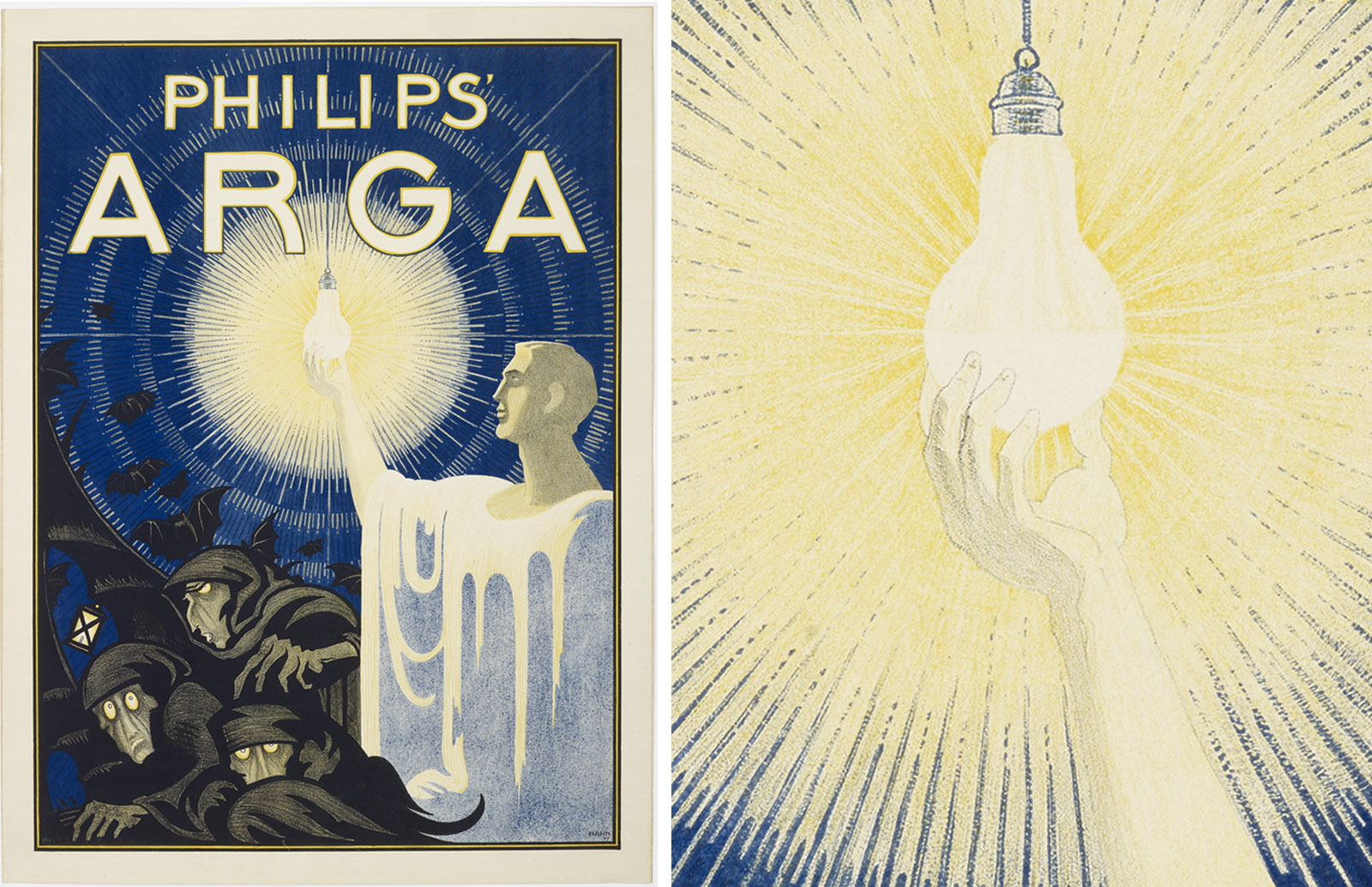 Left: Offset lithograph, Philips' Arga, 1917. Albert Hahn, Sr., designer, for Philips & Co., Eindhoven, the Netherlands. The Wolfsonian–FIU, The Mitchell Wolfson, Jr. Collection, 86.4.27. Right: detail.