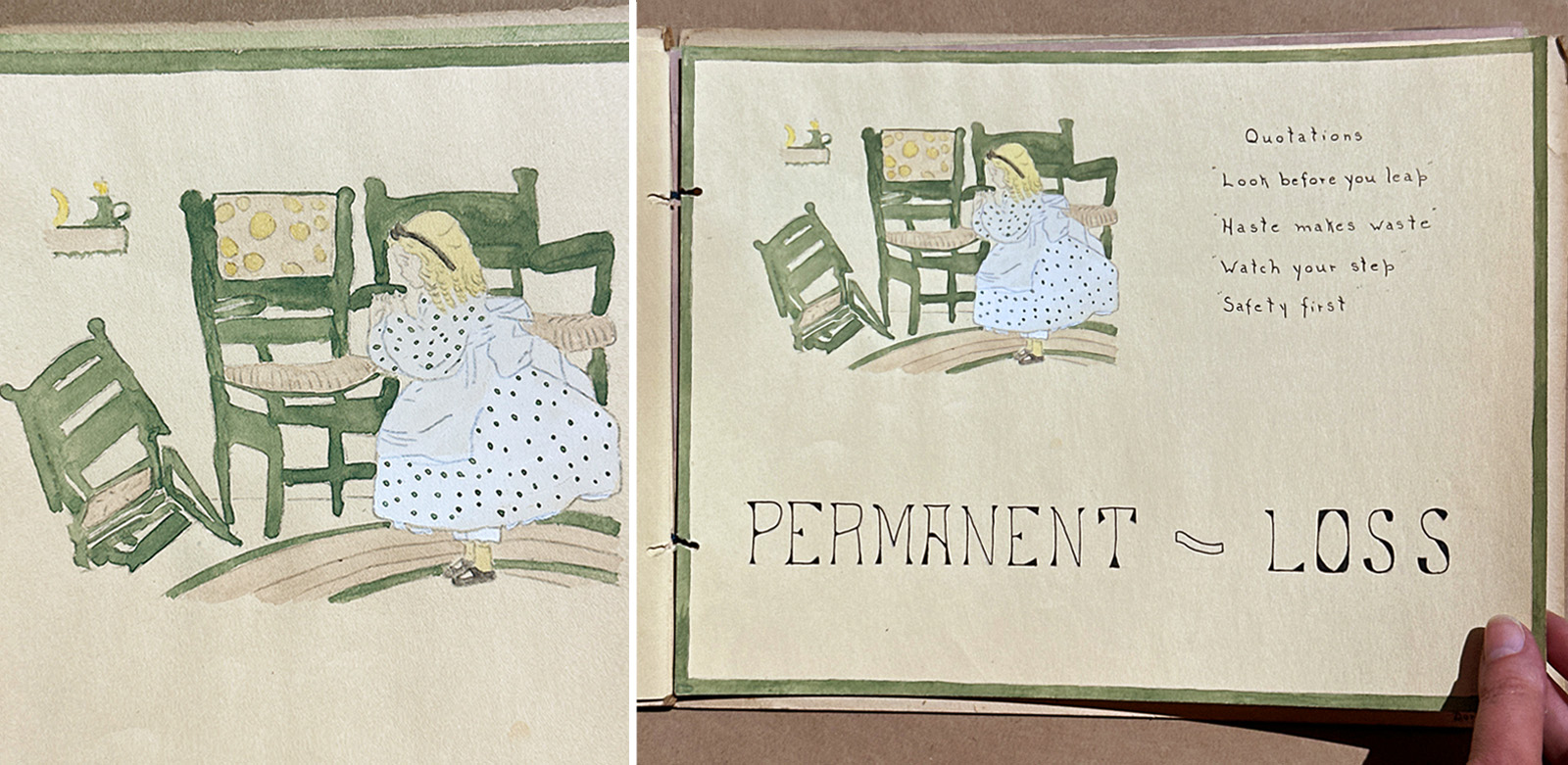 Side-by-side images: at left, a watercolor illustration of a girl in a white dress with green polka dots standing among toppled green chairs; at right, the same image appears on a hand-lettered page titled "PERMANENT LOSS"