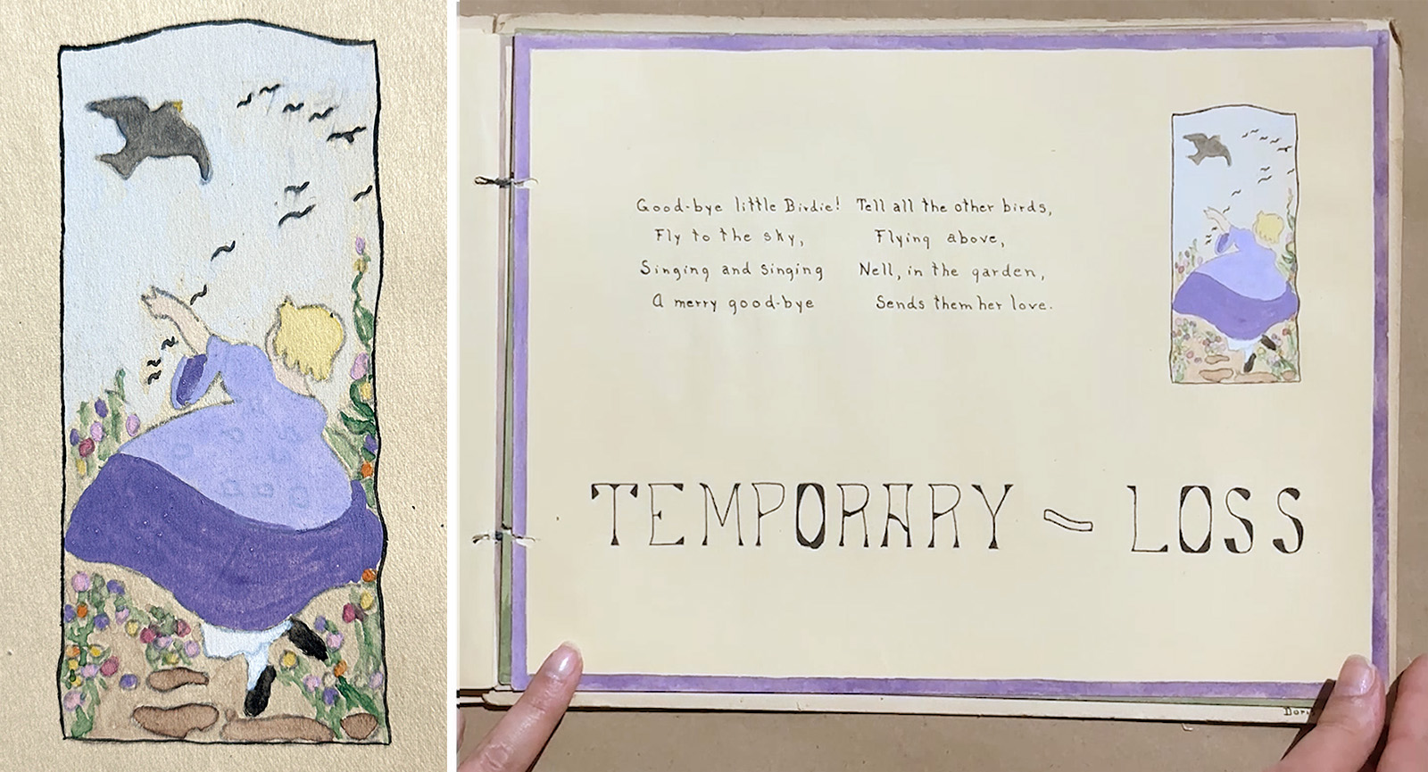 Side-by-side images: a girl in a purple dress waves to birds flying away; the right page, titled "TEMPORARY LOSS", pairs the image with a short farewell poem