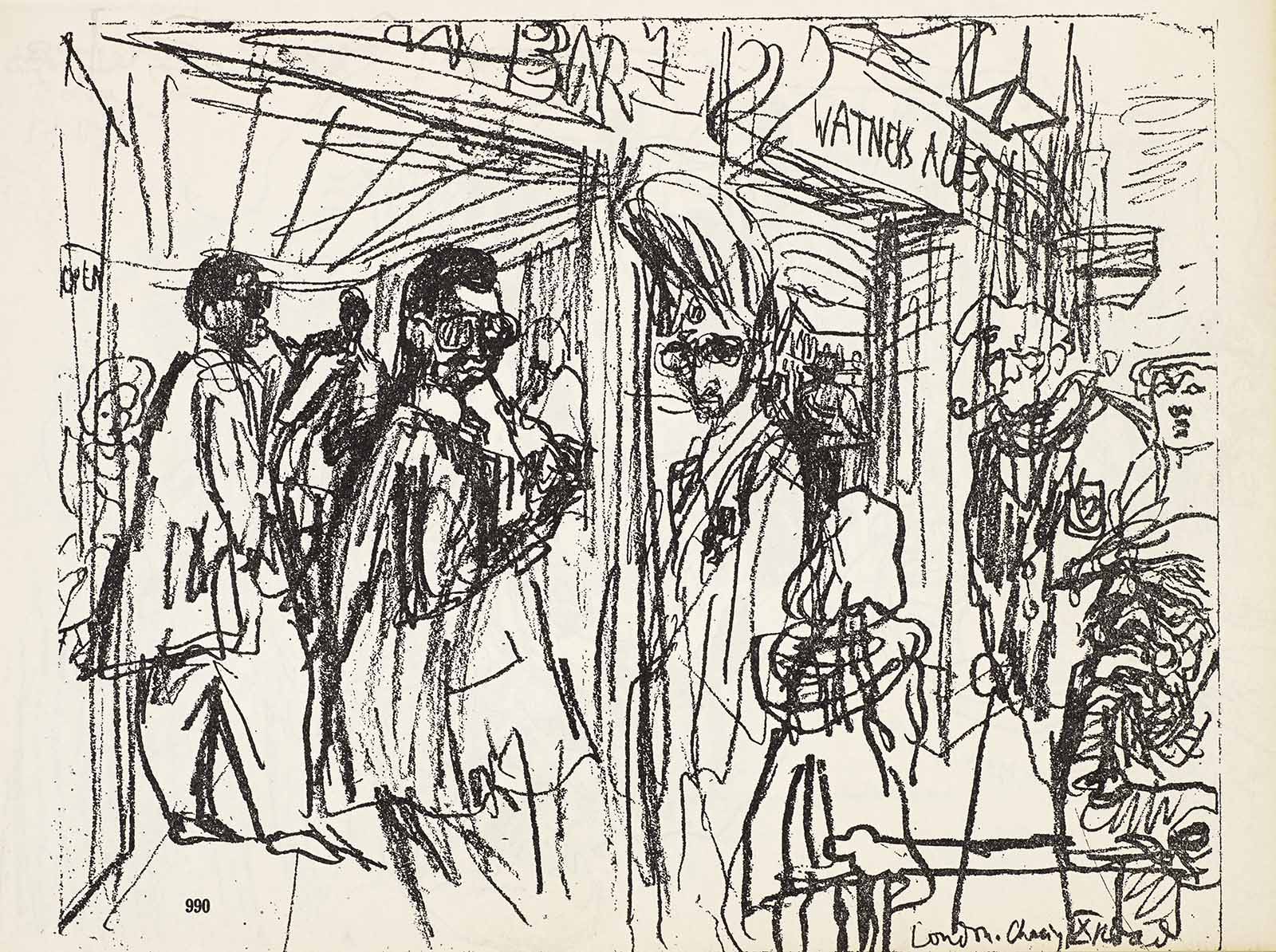 Loose, expressive black line drawing of a crowded urban street scene, featuring pedestrians in motion.